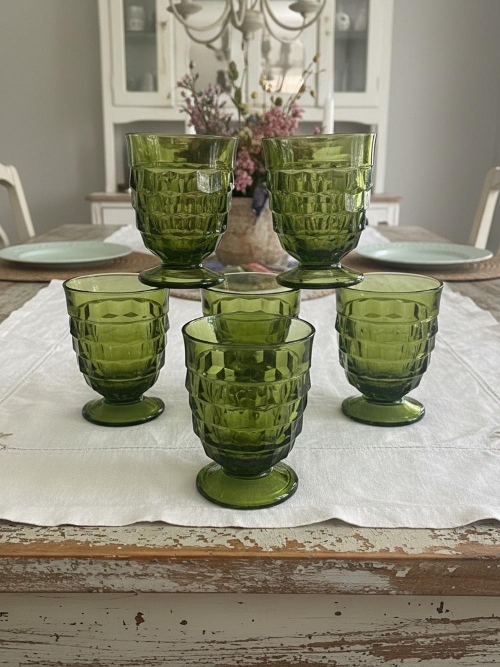 Indiana Glass Colony Whitehall Pattern 9 oz. Avocado Footed Tumblers / Set of 6